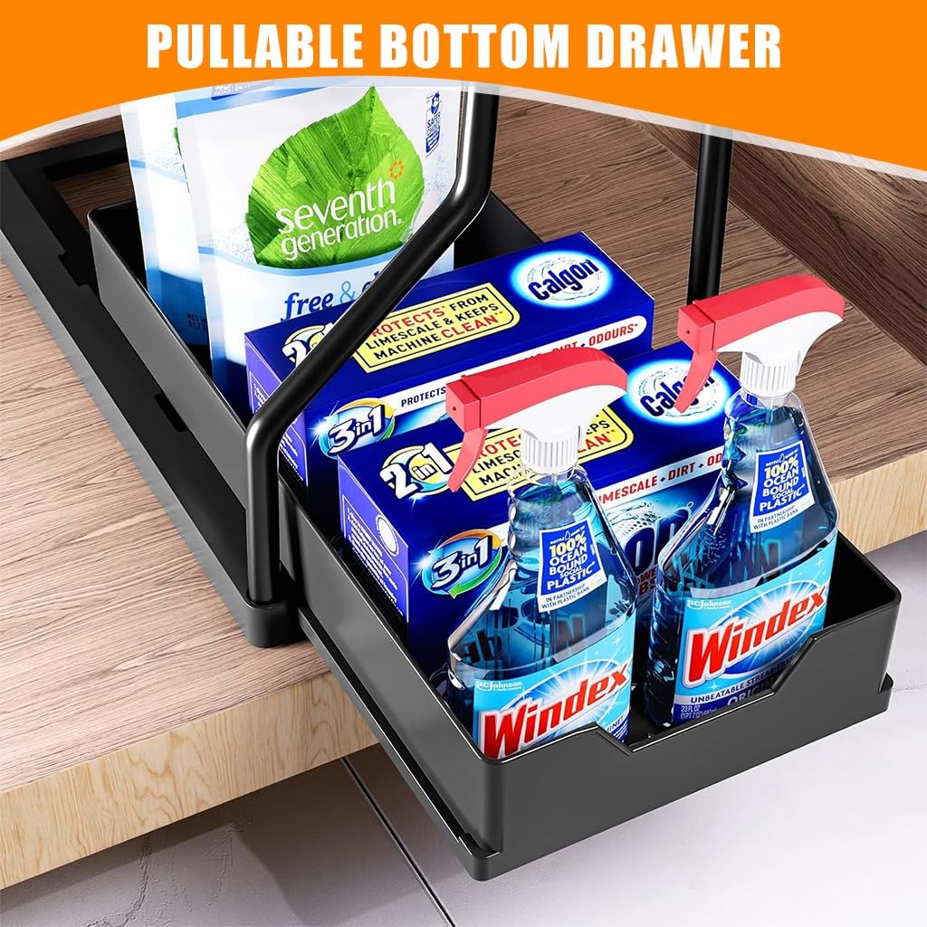 Double Layer Kitchen Organizer with Sliding Drawer Removable Cutlery Holder Hooks and Seasoning Jar Storage