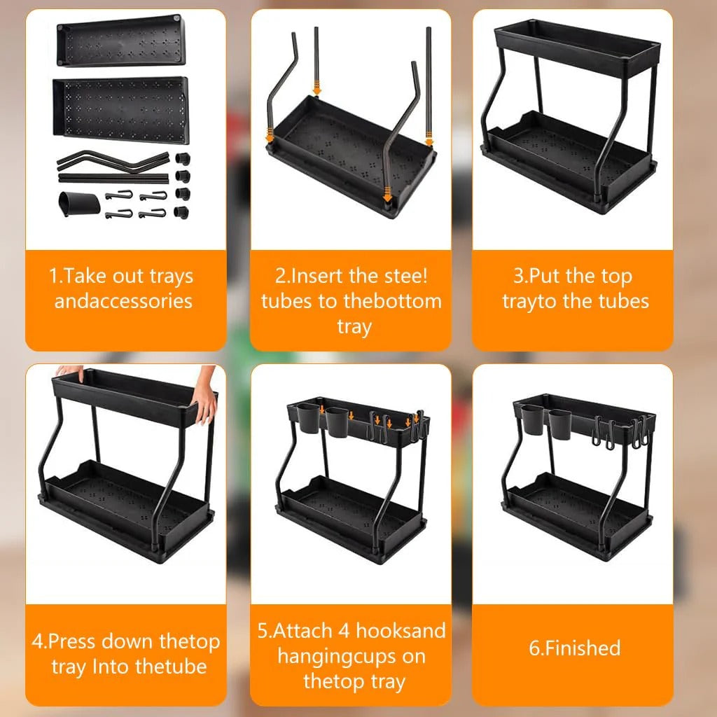 Double Layer Kitchen Organizer with Sliding Drawer Removable Cutlery Holder Hooks and Seasoning Jar Storage