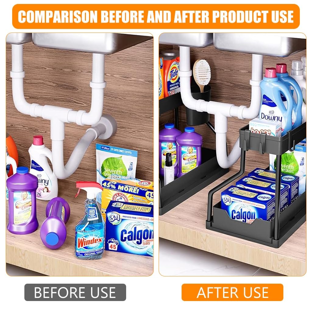 Double Layer Kitchen Organizer with Sliding Drawer Removable Cutlery Holder Hooks and Seasoning Jar Storage