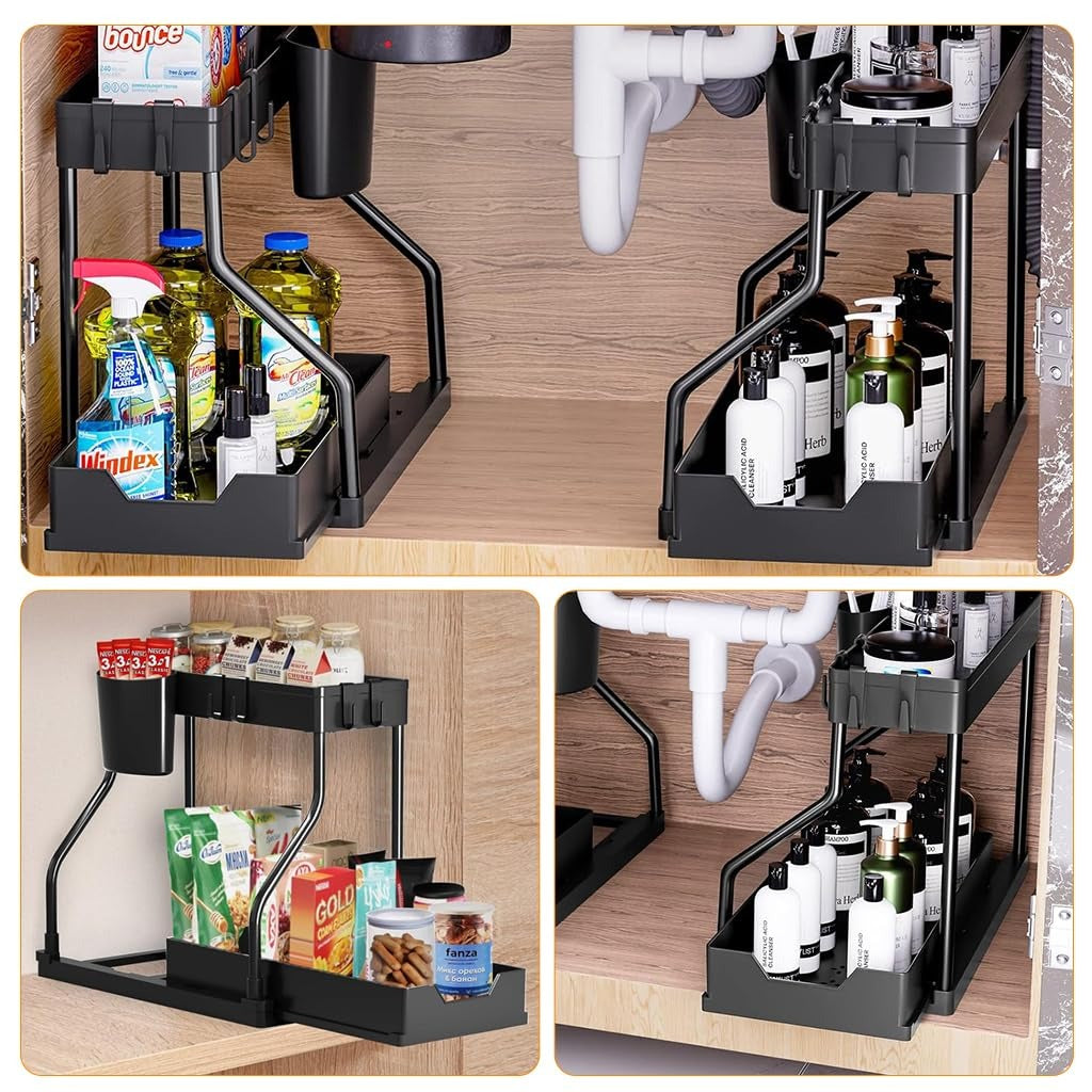 Double Layer Kitchen Organizer with Sliding Drawer Removable Cutlery Holder Hooks and Seasoning Jar Storage