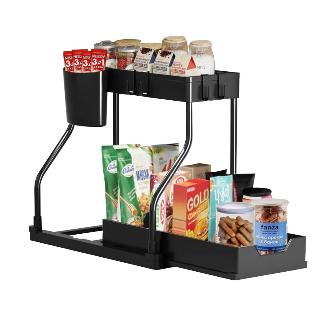 Double Layer Kitchen Organizer with Sliding Drawer Removable Cutlery Holder Hooks and Seasoning Jar Storage